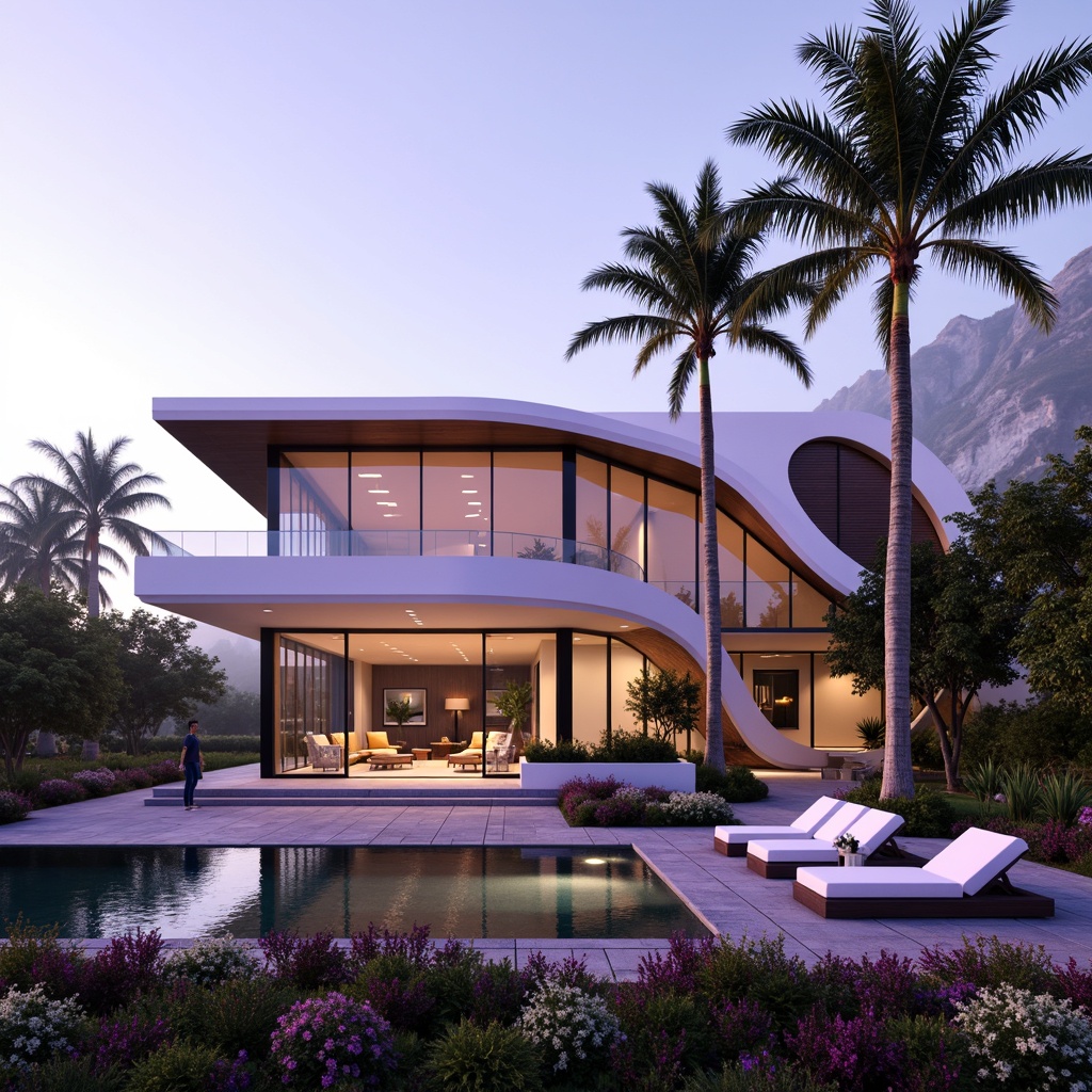 Prompt: Luxurious villa, exotic orchid hues, lavender accents, sleek modern architecture, curved lines, glass fa\u00e7ade, tropical garden, palm trees, vibrant flowers, misty morning, soft warm lighting, shallow depth of field, 1/1 composition, panoramic view, realistic textures, ambient occlusion.Please let me know if you need any adjustments or changes!