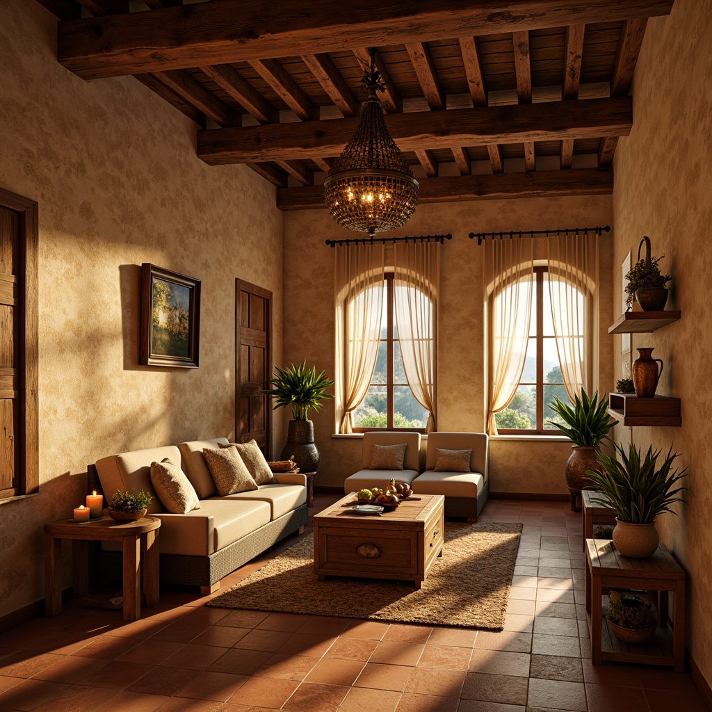 Prompt: Warm Mediterranean interior, soft golden lighting, rustic stone walls, wooden beam ceilings, ornate metal chandeliers, candles, lanterns, ambient warm glow, natural light pouring through large windows, sheer curtains, reflective surfaces, subtle shadows, 1/1 composition, shallow depth of field, warm color palette, earthy tones, terracotta floors, woven textiles, distressed wood furniture, vintage decorative accents.