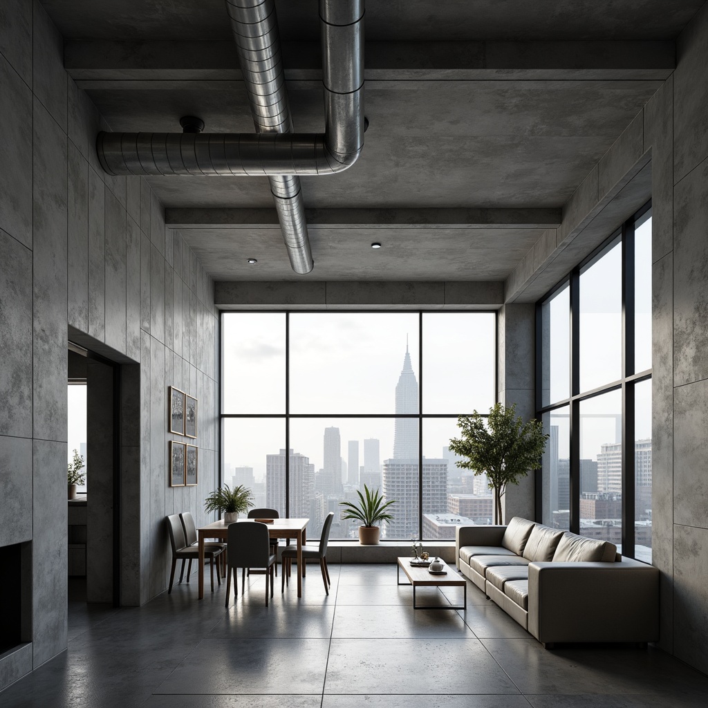 Prompt: Monochromatic brutalist interior, raw concrete walls, exposed ductwork, industrial metal beams, minimalist decor, sparse furniture arrangement, functional simplicity, natural light pouring through large windows, urban cityscape views, low-poly 3D rendering, atmospheric softbox lighting, shallow depth of field, 2/3 composition, symmetrical framing, architectural visualizations, realistic material textures, subtle ambient occlusion.