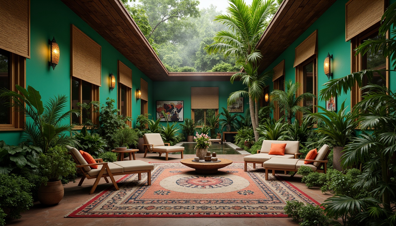 Prompt: Lush tropical interior, exotic plants, vibrant green walls, natural stone floors, wooden accents, rattan furniture, colorful textiles, intricate tribal patterns, ambient warm lighting, shallow depth of field, 1/2 composition, realistic render, soft focus, misty atmosphere, water features, small ponds, bamboo decorations, palm trees, floral arrangements, fragrant scents, cozy nooks, plush cushions, earthy tone color palette.