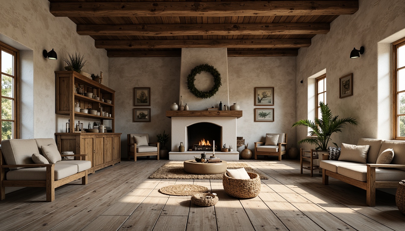 Prompt: Rustic wooden planks, distressed textures, earthy tones, vintage metal accents, exposed brick walls, natural stone fireplaces, reclaimed wood beams, creamy whites, warm candlelight, soft shadows, shallow depth of field, 1/2 composition, rustic country atmosphere, cozy interior settings, farmhouse-inspired decor, traditional furnishings, woven textiles, nature-inspired patterns.