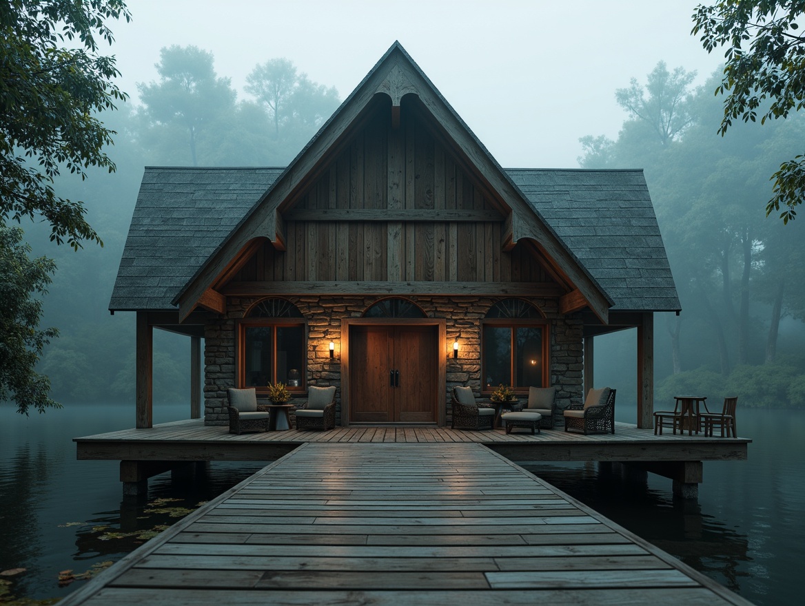 Prompt: Rustic wooden dock, old-growth trees, misty lake surroundings, Gothic-inspired boathouse, steeply pitched roofs, pointed arch windows, ornate stone carvings, heavy wooden doors, wrought iron hinges, mysterious lanterns, dim warm lighting, foggy morning atmosphere, shallow depth of field, 1/1 composition, realistic wood textures, ambient occlusion.