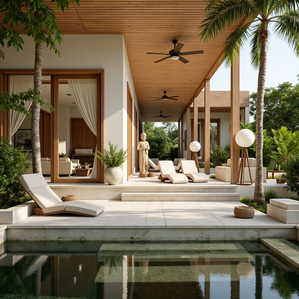 Prompt: Spacious villa, Asian-inspired architecture, open floor plans, natural wood accents, sliding glass doors, minimalist decor, tropical plants, Buddha statues, serene water features, koi ponds, lush greenery, warm beige tones, creamy whites, soft golden lighting, shallow depth of field, 3/4 composition, panoramic view, realistic textures, ambient occlusion.