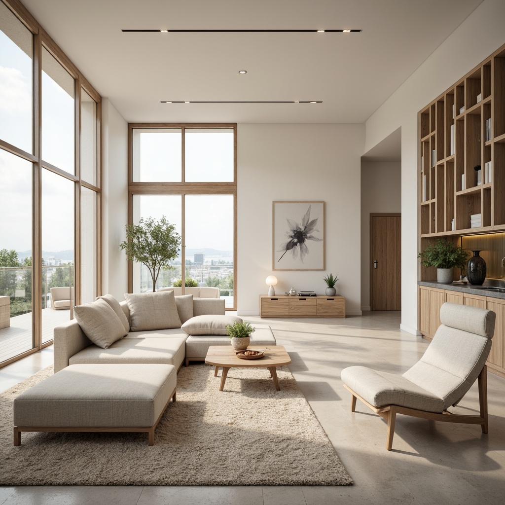 Prompt: Calming interior space, neutral color scheme, creamy whites, soft grays, taupe accents, natural wood tones, minimalist decor, sleek lines, modern furniture, plush area rugs, floor-to-ceiling windows, abundant natural light, airy atmosphere, subtle texture contrasts, warm beige walls, delicate patterns, sophisticated ambiance, 1/1 composition, softbox lighting, realistic material reflections.