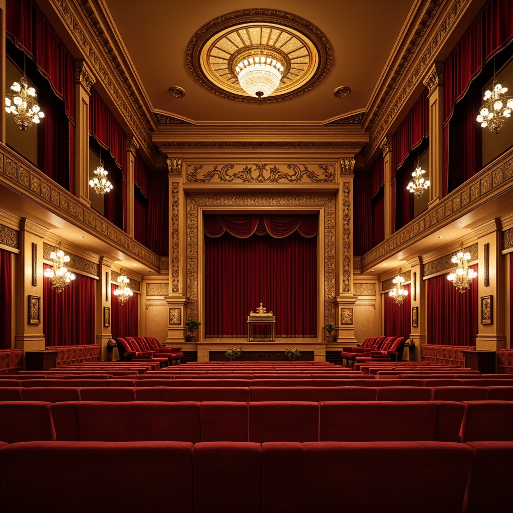 Prompt: Richly ornamented auditorium, luxurious velvet curtains, intricately carved wooden paneling, ornate chandeliers, traditional architectural details, warm golden lighting, plush red seats, innovative acoustic panels, geometric sound diffusion patterns, wooden sound absorbers, subtle ambient noise reduction, natural fabric upholstery, elegant decorative trimmings, classic column design, refined ornamental details, subtle warm color palette, soft focal lighting, 1/2 composition, realistic textures, ambient occlusion.