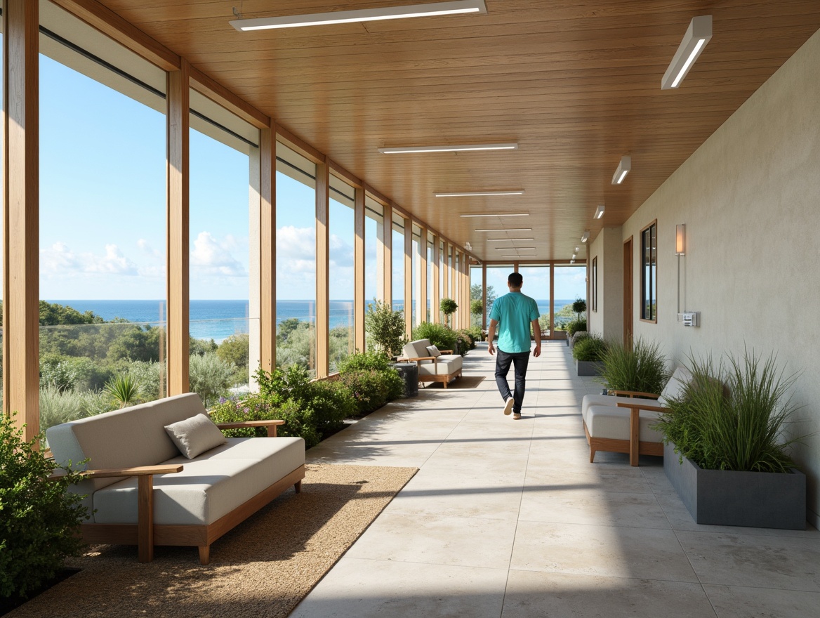 Prompt: Coastal healthcare facility, calming ocean views, soothing blue-green color palette, natural wood flooring, driftwood-inspired textures, polished concrete floors, sea-salt scrubbed stone surfaces, woven seagrass-patterned carpets, soft plush area rugs, subtle wave-patterned tiles, anti-microbial coatings, slip-resistant surfaces, warm beige walls, large windows, abundant natural light, gentle ocean breeze, 1/2 composition, shallow depth of field, realistic textures, ambient occlusion.