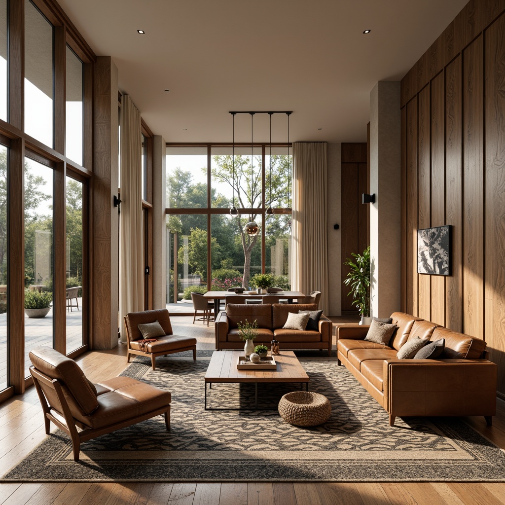 Prompt: Elegant living room, walnut wood furniture, tufted leather sofas, geometric patterned rugs, floor-to-ceiling windows, sliding glass doors, organic shapes, minimal ornamentation, functional simplicity, earthy color palette, natural textiles, woven baskets, industrial metal lighting, 1/1 composition, soft warm lighting, shallow depth of field, realistic wood grain textures.