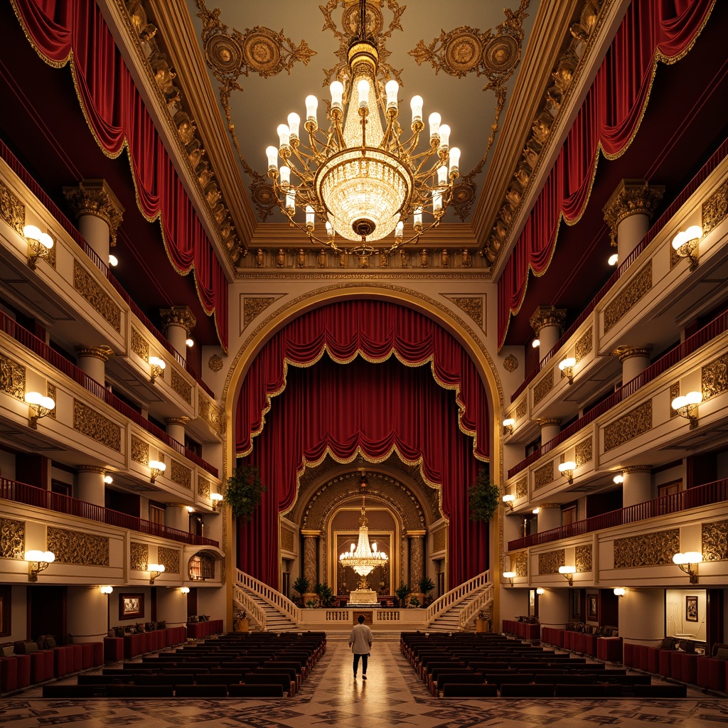 Prompt: Grand opera house interior, ornate chandeliers, red velvet curtains, golden accents, intricate moldings, marble floors, luxurious fabrics, rich jewel tones, warm candlelight, dramatic staircases, opulent furnishings, Baroque-inspired details, lavish textures, regal atmosphere, majestic high ceilings, grandiose scale, 1/2 composition, warm color harmony, soft focus blur, realistic reflections.