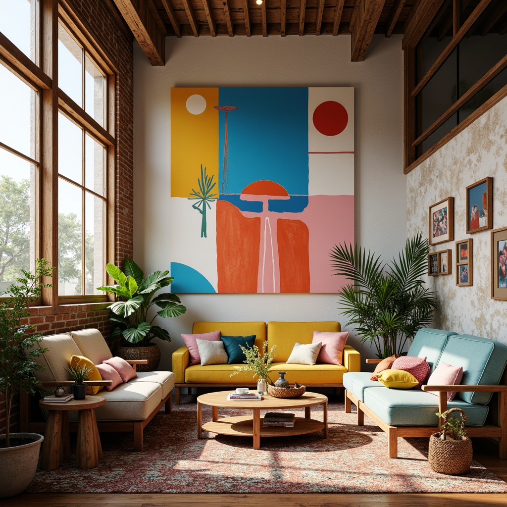 Prompt: Vibrant artistic studio, eclectic furniture, bold color blocks, abstract artwork, natural wood accents, industrial metal fixtures, oversized windows, soft diffused lighting, 3/4 composition, shallow depth of field, warm inviting atmosphere, pastel hues, rich textures, bohemian chic decor.