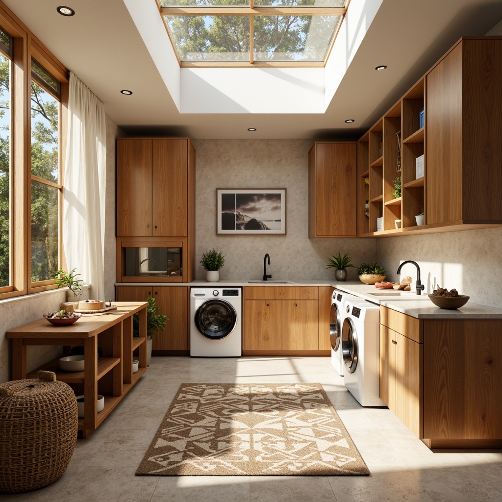 Prompt: Mid-century modern laundry room, sleek wooden cabinetry, retro-style appliances, minimalist chrome fixtures, natural stone countertops, woven wicker baskets, geometric patterned rugs, warm beige walls, large skylight windows, soft diffused lighting, shallow depth of field, 1/1 composition, realistic textures, ambient occlusion.