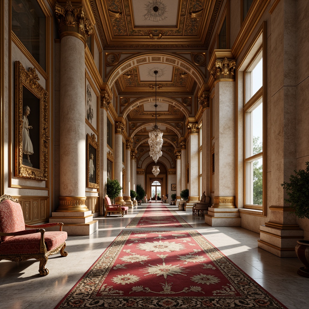 Prompt: Grandiose columns, ornate carvings, polished marble floors, intricately patterned rugs, gilded frames, luxurious velvet fabrics, richly toned wood paneling, crystal chandeliers, fresco ceilings, imposing stone statues, opulent furnishings, classical arches, symmetrical compositions, warm golden lighting, soft focus, shallow depth of field.