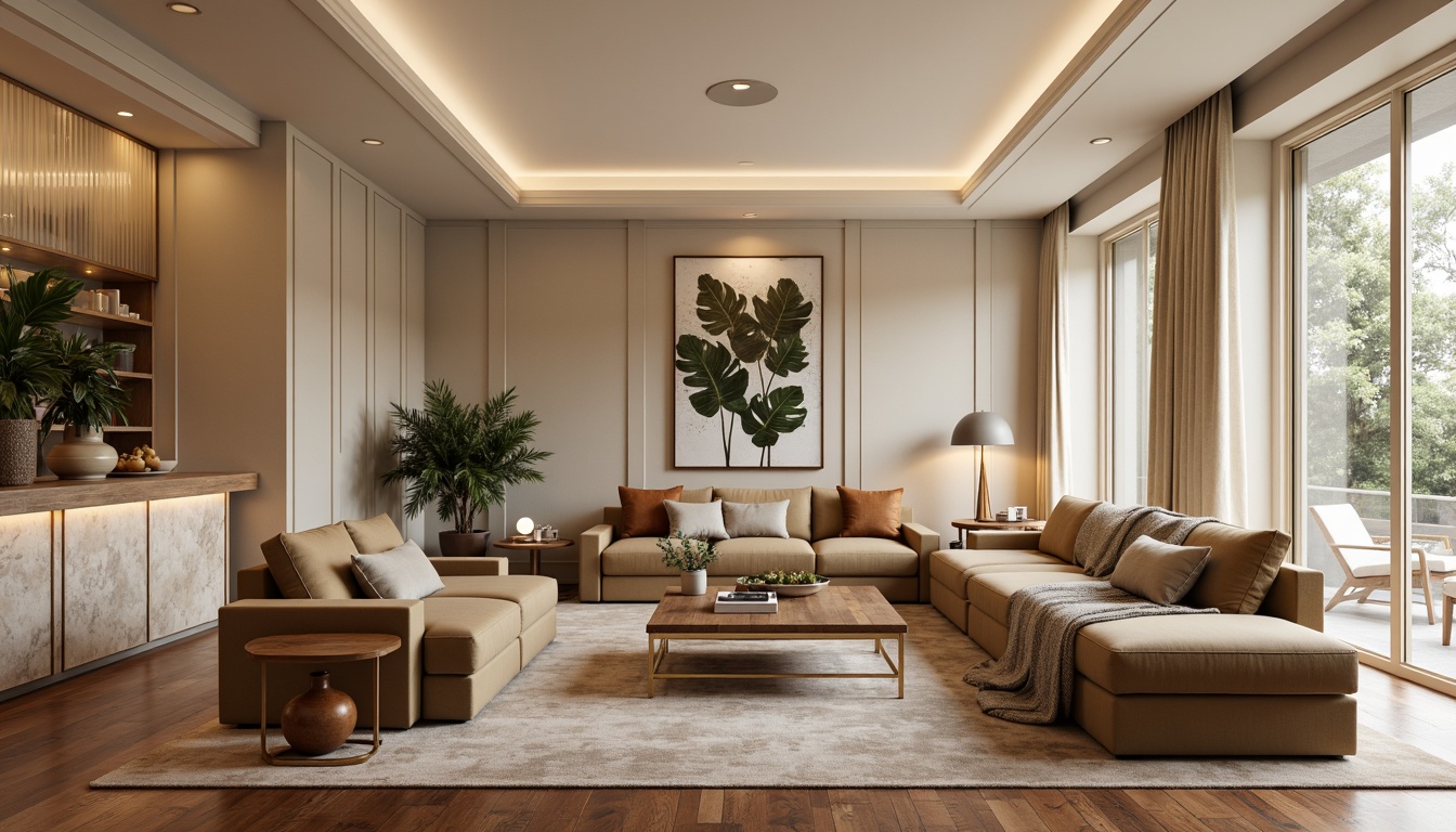 Prompt: Elegant living room, soft beige walls, rich walnut wood floors, plush velvet sofas, golden metallic accents, warm creamy lighting, cozy throw blankets, nature-inspired artwork, earthy terracotta vases, delicate glass coffee tables, luxurious marble countertops, bold geometric patterns, soothing color harmony, 1/1 composition, intimate atmosphere, realistic textures, ambient occlusion.