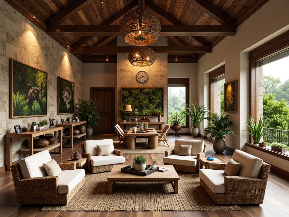 Prompt: Rustic wooden accents, natural stone walls, earthy color palette, woven wicker furniture, organic shapes, botanical prints, reclaimed wood tables, bamboo flooring, rattan lighting fixtures, living green walls, tropical plants, warm beige tones, soft diffused lighting, cozy reading nooks, 1/1 composition, intimate atmosphere, textured rugs, natural fiber upholstery, earth-inspired sculptures, wildlife artwork, educational displays, interactive exhibits.