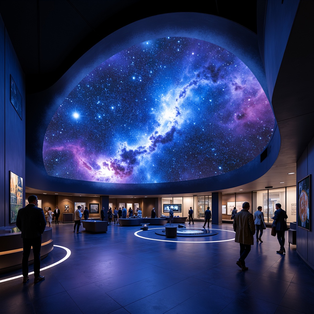 Prompt: Cosmic planetarium, dark blues, deep purples, starry night sky, nebula-inspired hues, iridescent accents, metallic sheen, luminescent effects, soft glowing lights, mystical ambiance, atmospheric fog, 360-degree dome projection, realistic astronomy simulations, educational exhibits, interactive displays, futuristic architecture, sleek lines, minimalist design.