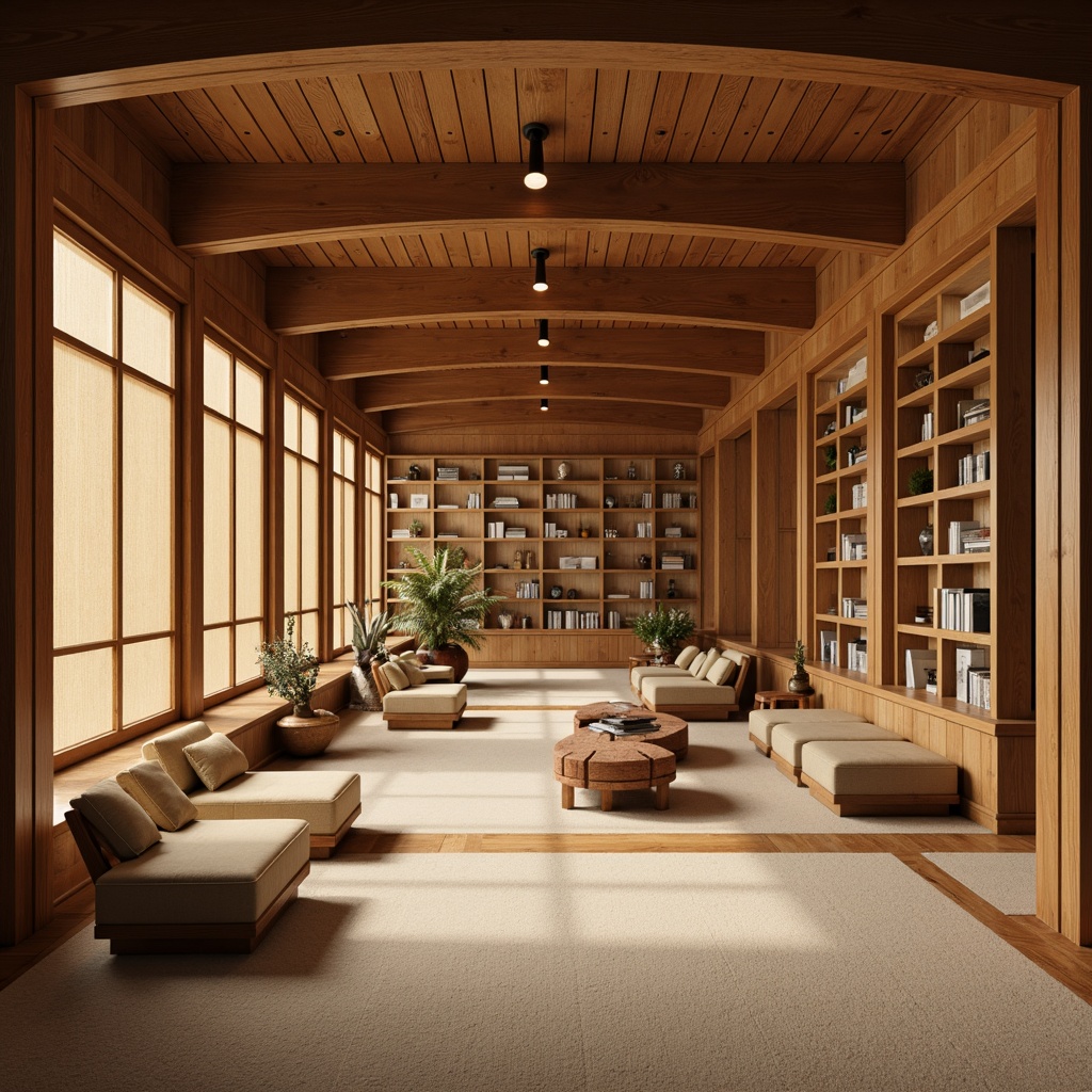 Prompt: Traditional Asian-style library interior, serene atmosphere, natural wood tones, elegant curves, sliding doors, rice paper partitions, intricate carvings, lacquer finishes, subtle lighting, floor-to-ceiling shelves, modular bookcases, minimalist decor, Asian-inspired textiles, earthy color palette, warm beige tones, soft golden lighting, shallow depth of field, 1/2 composition, realistic wood textures, ambient occlusion.