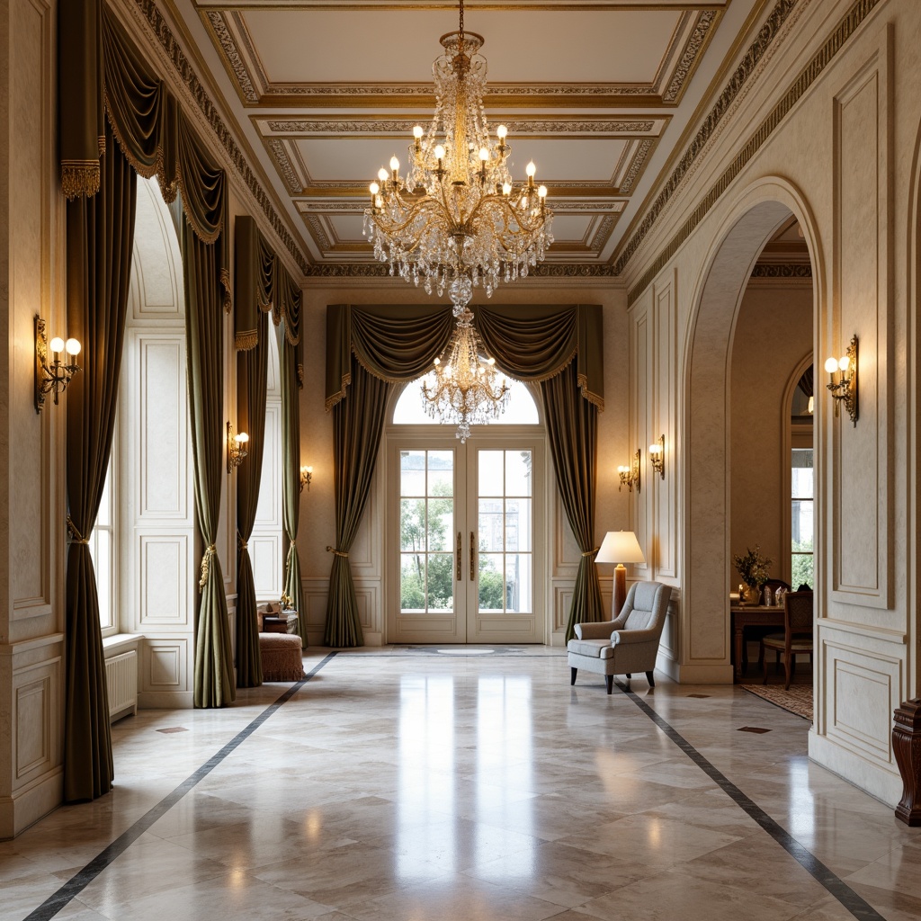 Prompt: Elegant neoclassical architecture, ornate moldings, intricate carvings, polished marble floors, grand chandeliers, crystal glass doors, luxurious velvet drapes, rich wood paneling, gilded accents, subtle gold leafing, creamy limestone walls, soft warm lighting, shallow depth of field, 3/4 composition, panoramic view, realistic textures, ambient occlusion.