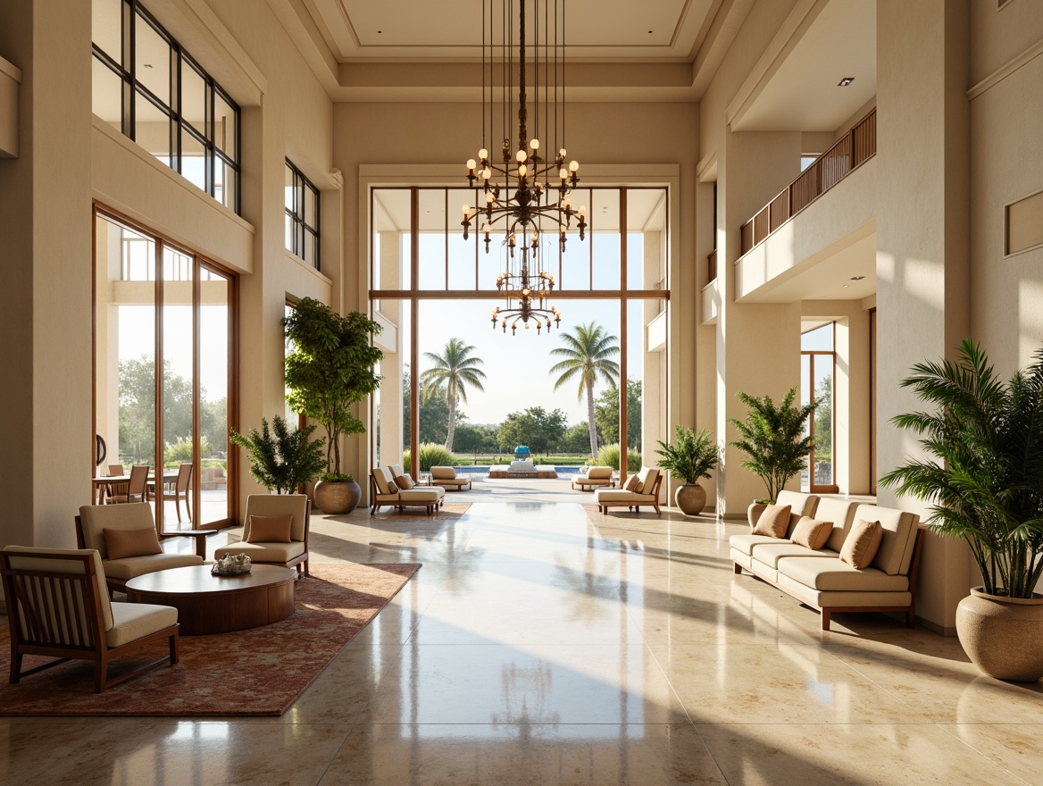 Prompt: Luxurious hotel lobby, high ceilings, grand chandeliers, polished marble floors, lavish furnishings, abundant natural light, floor-to-ceiling windows, sliding glass doors, outdoor pool deck, sun-kissed terraces, lush greenery, tropical plants, warm beige tones, creamy white walls, soft diffused lighting, 1/1 composition, realistic reflections, ambient occlusion.