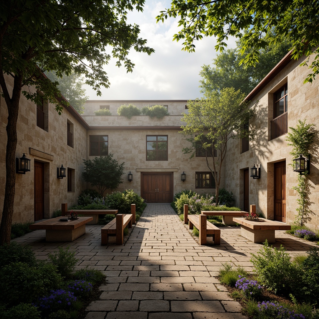 Prompt: Rustic monastery courtyard, weathered stone walls, wooden benches, lanterns, gravel pathways, lush greenery, blooming flowers, ancient trees, misty morning, warm soft lighting, shallow depth of field, 1/1 composition, symmetrical architecture, ornate wooden doors, stained glass windows, natural materials, earthy color palette, serene atmosphere, peaceful ambiance, subtle textures, ambient occlusion.