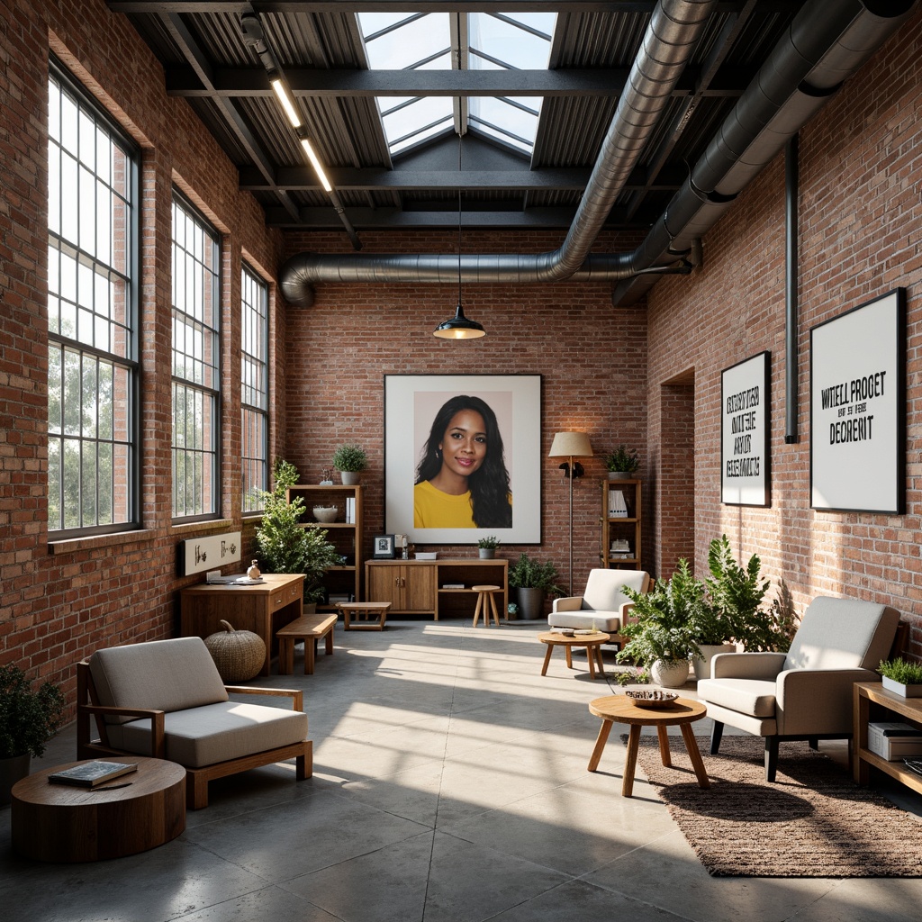 Prompt: Industrial chic art studio, exposed brick walls, polished concrete floors, metal beams, natural light pouring in, large windows, skylights, minimalist decor, modern track lighting, flexible open spaces, modular furniture, collaborative workstations, private studios, inspirational quotes, artistic freedom, eclectic decor, vibrant colors, textured rugs, cozy reading nooks, built-in shelving, rustic wooden accents, soft warm lighting, 1/1 composition, intimate atmosphere, realistic textures.