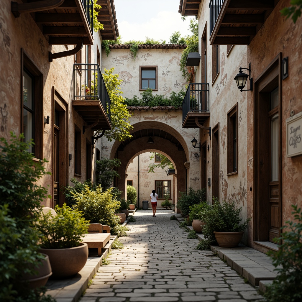 Prompt: Rustic wooden planks, distressed metal accents, weathered stone walls, vintage brick facades, faded murals, peeling paint, ornate ironwork, intricate stonework, moss-covered roofs, overgrown gardens, crumbling arches, worn cobblestone streets, warm golden lighting, soft focus, shallow depth of field, 1/1 composition, atmospheric perspective.