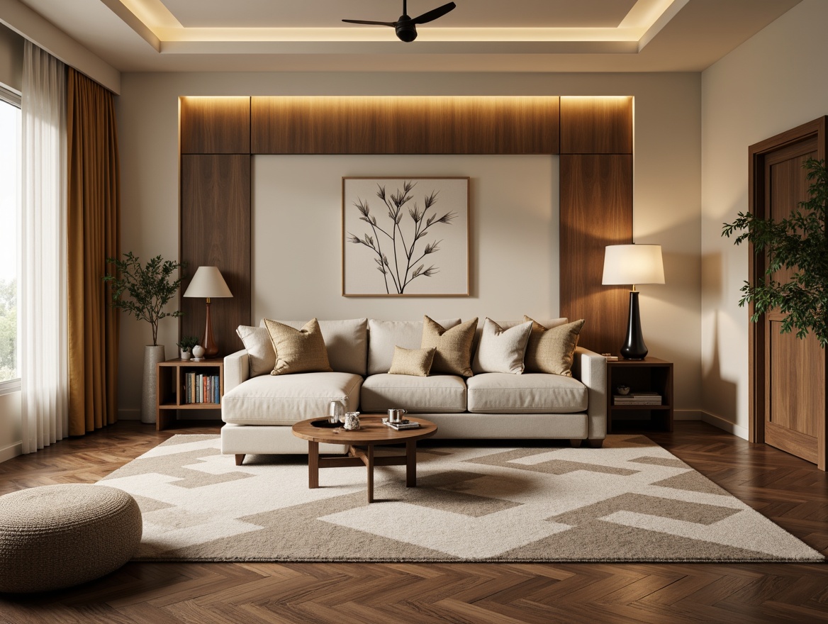 Prompt: Transitional style house, warm beige walls, creamy white trim, rich dark wood accents, luxurious area rugs, soft plush carpeting, hardwood flooring, walnut wood tones, herringbone patterns, natural stone tiles, subtle texture contrasts, ambient warm lighting, 1/1 composition, shallow depth of field, realistic materials, detailed normal maps.