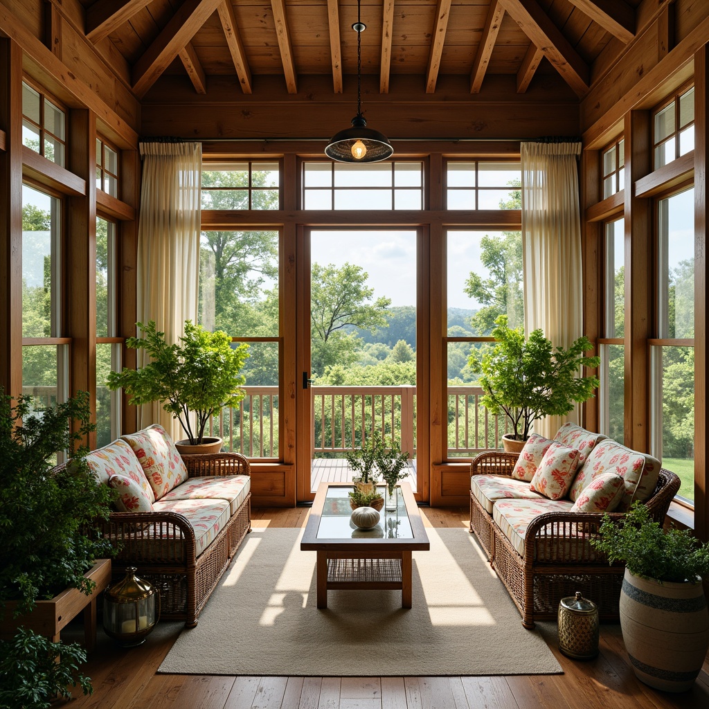 Prompt: Cozy sunroom, lush greenery, natural wood accents, warm earthy tones, comfortable wicker furniture, plush throw pillows, vibrant floral patterns, delicate glass vases, elegant metal lanterns, soft warm lighting, sheer curtains, sliding glass doors, breathtaking outdoor views, serene ambiance, 1/1 composition, shallow depth of field, realistic textures, ambient occlusion.