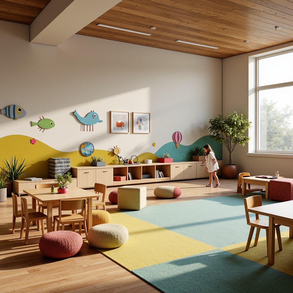 Prompt: Vibrant kindergarten interior, mid-century modern furniture design, wooden tables, colorful chairs, playful cushions, soft carpets, natural wood accents, minimal ornamentation, rounded edges, pastel color palette, whimsical illustrations, educational wall art, interactive play structures, cozy reading nooks, abundant natural light, warm atmosphere, shallow depth of field, 1/1 composition, realistic textures, ambient occlusion.