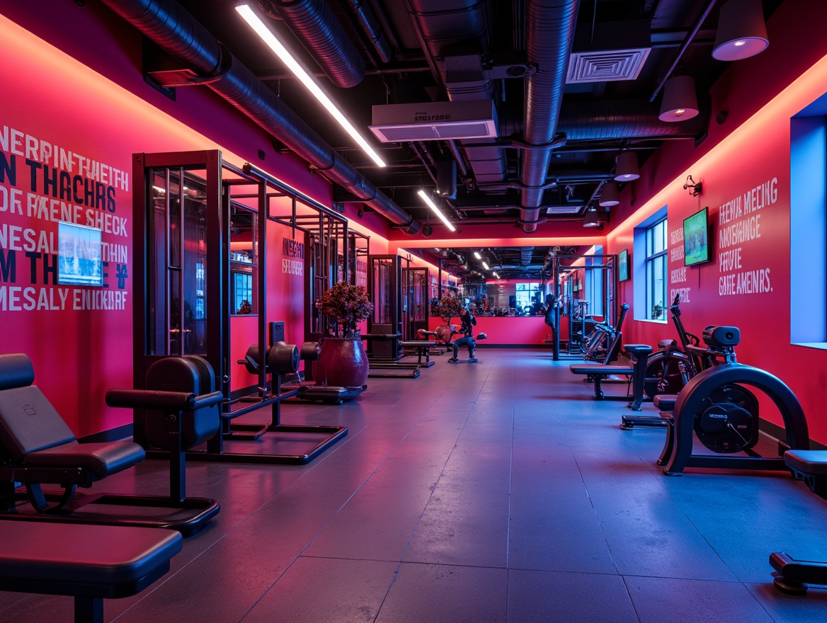 Prompt: Vibrant fitness studio, energetic atmosphere, bold color scheme, contrasting walls, motivational quotes, sleek equipment, rubber flooring, mirrored surfaces, neon accents, high-contrast lighting, dynamic shadows, 1/2 composition, realistic textures, ambient occlusion.