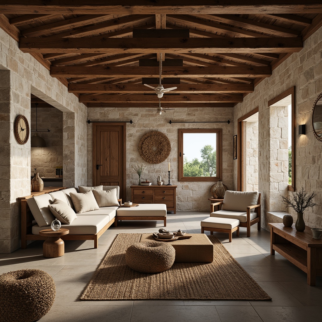 Prompt: Rustic farmhouse interior, natural stone walls, wooden beams, reclaimed wood furniture, earthy color palette, woven textiles, jute rugs, linen upholstery, burlap accents, distressed finishes, vintage decor, soft candlelight, warm cozy atmosphere, 1/2 composition, shallow depth of field, realistic textures, ambient occlusion.