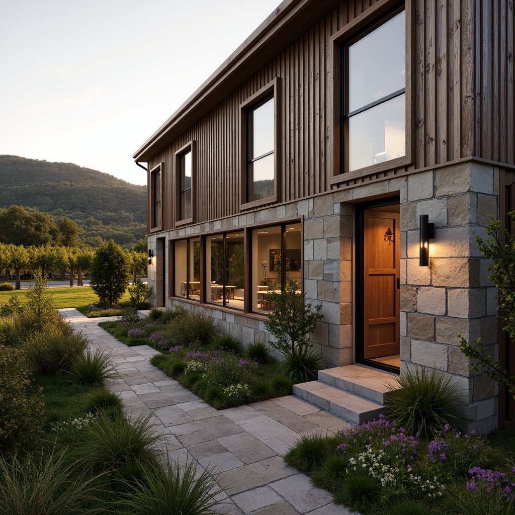 Prompt: Rustic winery exterior, weathered wooden accents, earthy stone walls, industrial metal cladding, reclaimed wood siding, modern minimalist windows, sliding glass doors, vineyard views, rolling hills, lush greenery, natural stone pathways, warm sunset lighting, soft focus, 1/2 composition, atmospheric perspective, realistic textures, subtle color grading.