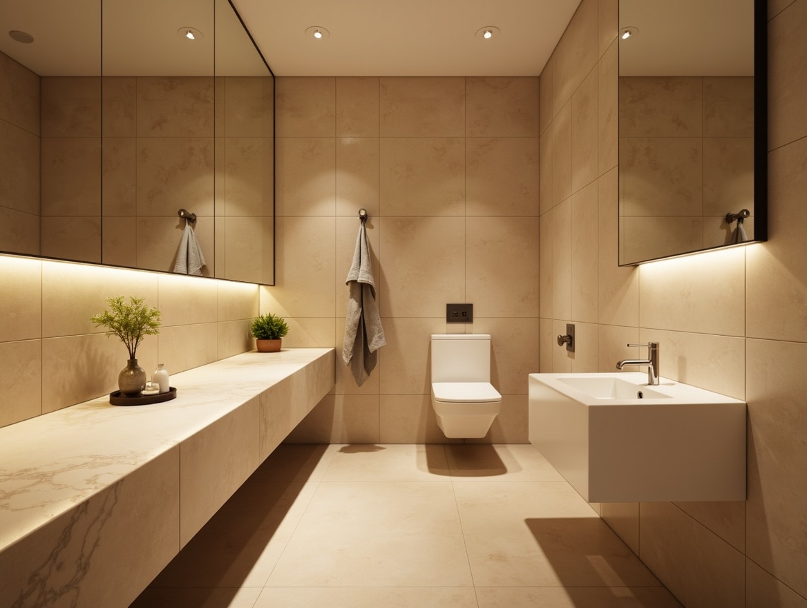 Prompt: Minimalist powder room, soft warm glow, warm beige walls, sleek marble countertops, undermount sink, wall-mounted toilet, LED strip lighting, recessed ceiling lights, floor-to-ceiling mirrors, minimalist chrome fixtures, luxurious textiles, subtle fragrance diffusers, natural stone flooring, calming ambiance, shallow depth of field, 1/1 composition, softbox lighting, realistic reflections, ambient occlusion.