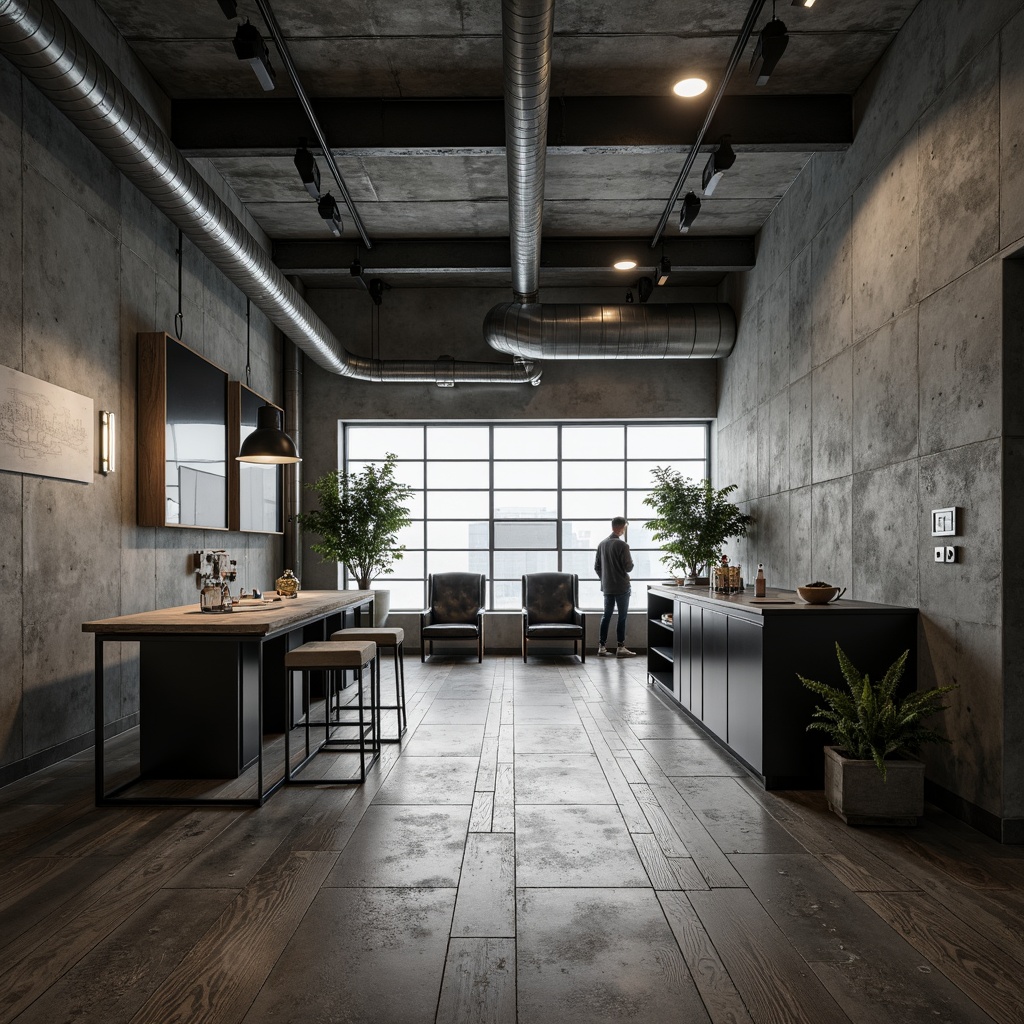 Prompt: Rugged brutalist interior, raw concrete walls, exposed ductwork, industrial pipes, metallic accents, minimalist decor, sparse greenery, dramatic lighting, translucent glass surfaces, diffused natural light, subtle texture contrasts, monochromatic color scheme, urban loft atmosphere, reclaimed wood floors, steel beams, functional simplicity, 3/4 composition, high-contrast photography, cinematic mood, atmospheric depth of field.