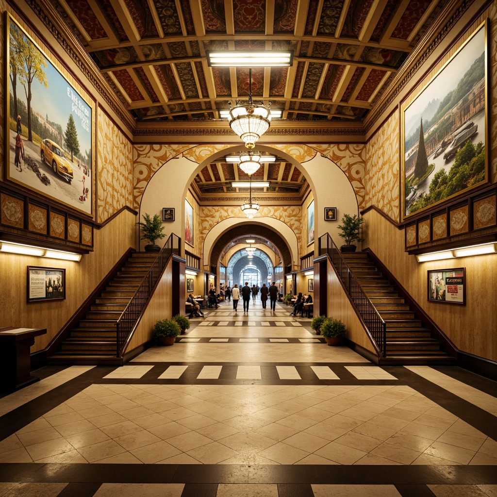 Prompt: \Grandiose Art Deco metro station, ornate mosaics, terrazzo floors, geometric patterns, metallic accents, luxurious chandeliers, curved staircases, elegant archways, vintage advertisements, retro-style signage, busy commuter atmosphere, soft warm lighting, shallow depth of field, 1/1 composition, symmetrical framing, realistic textures, ambient occlusion.\