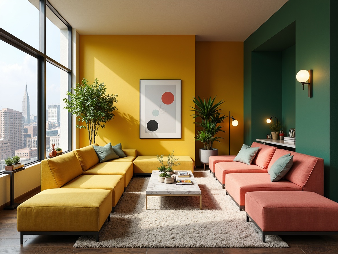 Prompt: Vibrant living room, bold yellow accents, sleek modern furniture, marble coffee table, plush area rug, floor-to-ceiling windows, natural light pouring in, urban cityscape views, subtle wood grain textures, metallic lamp shades, rich emerald green walls, pops of coral pink, neutral beige tones, inviting atmosphere, cozy reading nook, warm ambient lighting, 1/1 composition, shallow depth of field, realistic renderings.