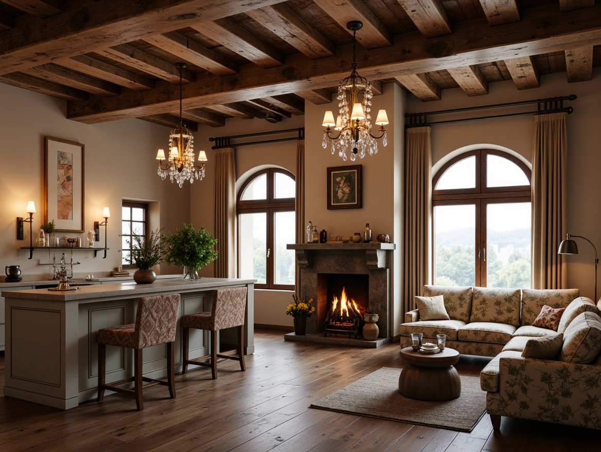 Prompt: Rustic wooden beams, distressed finishes, soft warm glow, ornate metalwork, vintage candlesticks, mercury glass pendants, wrought iron chandeliers, crystal drops, linen shades, beige walls, stone fireplaces, velvet drapes, floral patterns, natural fabrics, antique bronze fixtures, frosted glass, subtle rustic charm, warm ambient lighting, cozy atmosphere, 1/1 composition, soft focus, realistic textures.