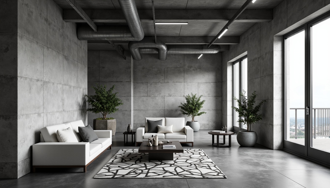 Prompt: Monochromatic brutalist interior, raw concrete walls, exposed ductwork, industrial metal beams, minimalist furniture, low-profile sofas, sleek coffee tables, geometric-patterned rugs, sparse decorative accents, natural light pouring in, subtle shadows, high-contrast lighting, 1/2 composition, cinematic atmosphere, realistic textures, ambient occlusion.