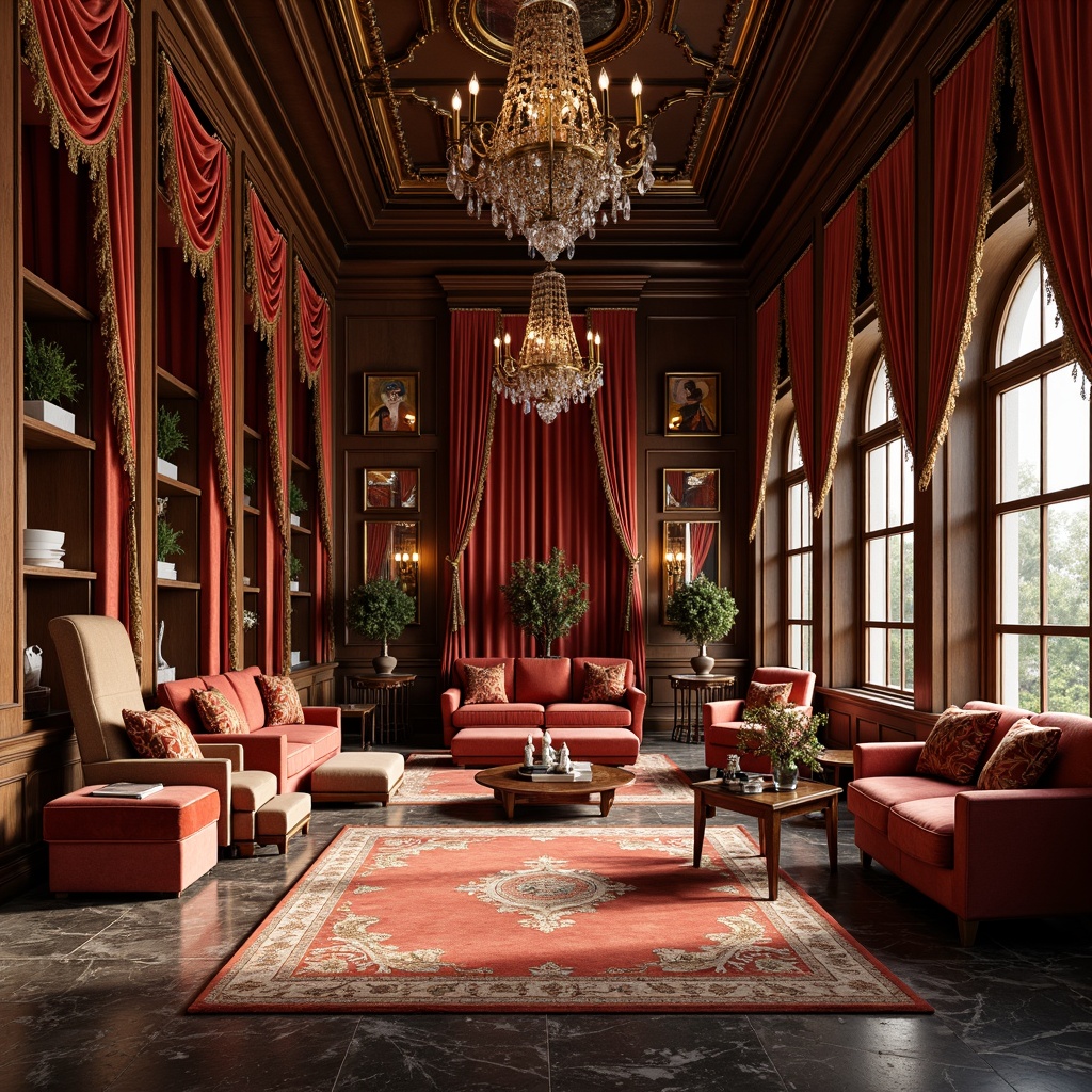 Prompt: Rich velvet fabrics, intricate gold embroidery, ornate silk drapes, luxurious brocade upholstery, regal crimson red hues, majestic golden accents, lavish crystal chandeliers, opulent marble floors, grandiose wooden paneling, ornamental mirrors, dramatic coved ceilings, soft warm lighting, 3/4 composition, realistic textures, ambient occlusion.