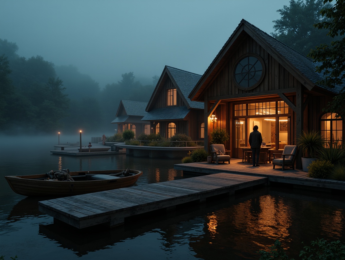 Prompt: Rustic boathouse, wooden docks, murky waters, foggy atmosphere, warm lantern lighting, soft candle glow, dimly lit interior, ornate Gothic details, pointed arches, ribbed vaults, flying buttresses, stained glass windows, rich wood paneling, mysterious shadows, eerie ambiance, low-key lighting, warm color palette, mystical misty evenings, cinematic composition, high contrast ratio, dramatic chiaroscuro.