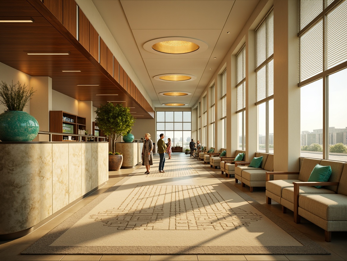 Prompt: Mid-century modern airport interior, warm beige walls, rich walnut wood accents, soft sage green upholstery, bold turquoise decorative elements, polished chrome fixtures, creamy marble countertops, geometric patterned rugs, abundant natural light, airy open spaces, elegant curved lines, retro-futuristic lighting fixtures, warm golden lighting, shallow depth of field, 1/2 composition, realistic textures, ambient occlusion.