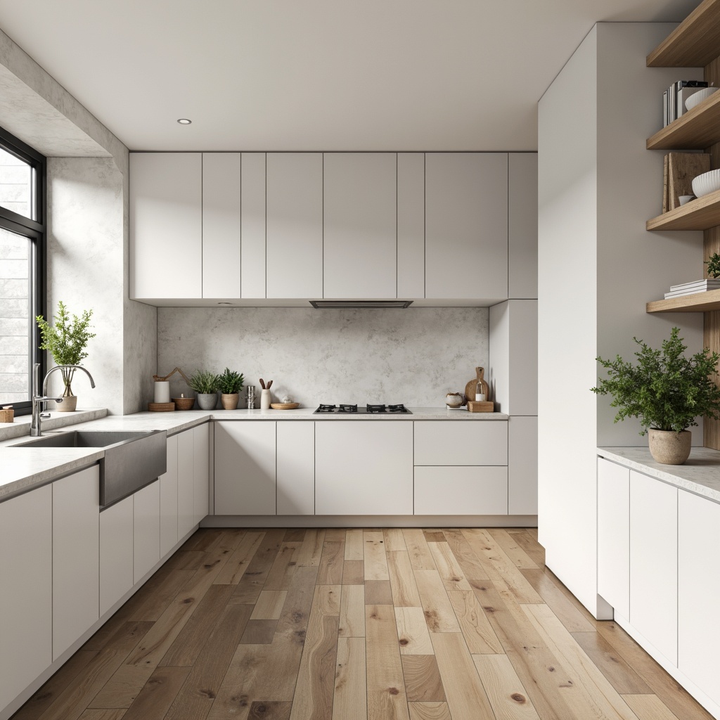 Prompt: Minimalist kitchen, light wood flooring, polished concrete floors, industrial-style tiles, matte white ceramics, natural stone surfaces, subtle texture variations, understated color palette, clean lines, simple shapes, functional layout, ample negative space, bright overhead lighting, soft shadows, shallow depth of field, 1/1 composition, realistic renderings, ambient occlusion.