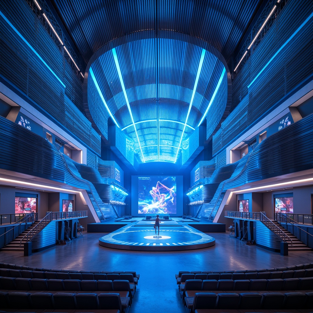 Prompt: Futuristic auditorium interior, neon-lit stage, iridescent LED lights, holographic projections, metallic silver walls, polished chrome floors, luminescent blue accents, gradient-colored seating, curved futuristic lines, geometric patterns, 3D-printed decor, sleek minimalist design, immersive audio-visual experience, vibrant electric blue lighting, shallow depth of field, 1/1 composition, cinematic atmosphere.