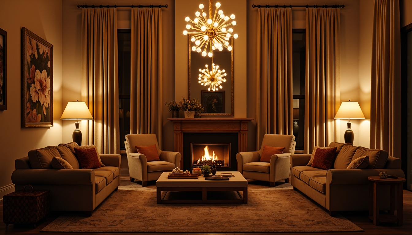 Prompt: Cozy living room, warm ambient lighting, pendant lamps, sputnik chandeliers, floor-to-ceiling curtains, plush furniture, rich wood tones, soft velvety textures, intimate seating areas, warm beige walls, decorative mirrors, subtle color palette, relaxing atmosphere, low-key illumination, 1/2 composition, soft focus, warm golden lighting, realistic shadows, detailed reflections.