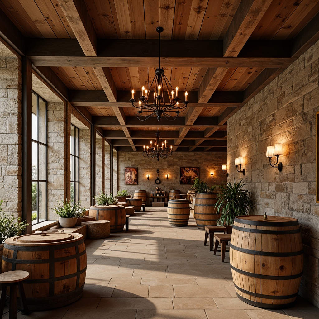 Prompt: Rustic winery interior, reclaimed wood accents, industrial metal beams, earthy tone color palette, natural stone walls, vintage wine barrels, wooden fermentation tanks, modern minimalist lighting, soft warm ambiance, shallow depth of field, 1/2 composition, realistic textures, ambient occlusion, wine cellar atmosphere, rich wood grains, elegant chandeliers, sophisticated wallpaper patterns.