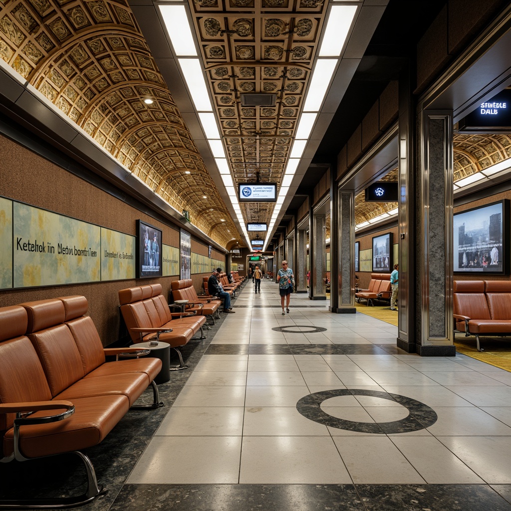 Prompt: Luxurious metro station, ornate metalwork, sleek marble floors, geometric patterns, vibrant chrome accents, retro-futuristic furniture, curved lines, rich leather upholstery, polished wooden benches, intricate lamp fixtures, bold typography, elegant waiting areas, sophisticated advertisement displays, atmospheric lighting, shallow depth of field, 1/1 composition, realistic textures, ambient occlusion.