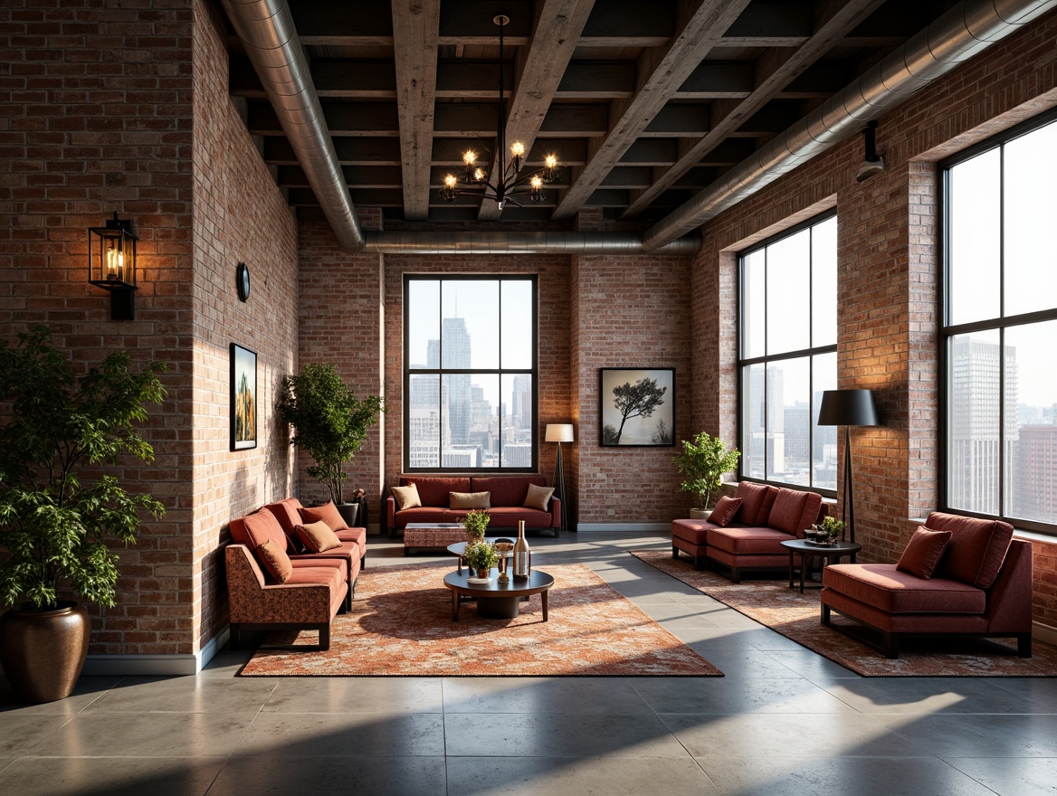 Prompt: Industrial chic loft, exposed brick walls, polished concrete floors, metallic beams, reclaimed wood accents, art deco patterns, geometric shapes, luxurious velvet fabrics, ornate metal fixtures, grand chandeliers, floor-to-ceiling windows, urban cityscape views, natural light pouring in, soft warm glow, 1/1 composition, symmetrical balance, dramatic shadows, rich textures, ambient occlusion.