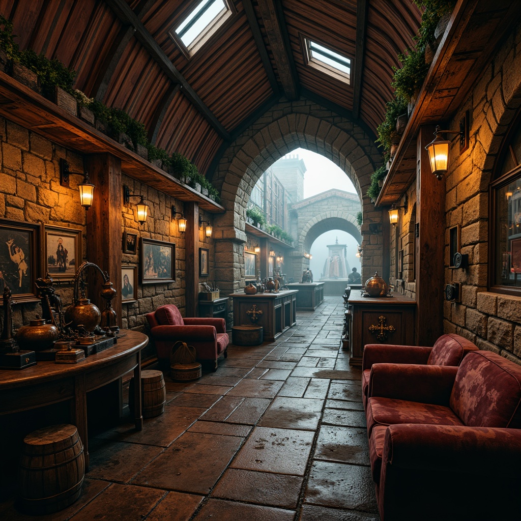 Prompt: Rustic boathouse, distressed wood accents, ornate Gothic arches, worn stone walls, weathered copper roofing, vintage nautical instruments, faded velvet upholstery, rich leather textures, intricate wooden carvings, mystical lanterns, dim warm lighting, eerie shadows, foggy misty atmosphere, 1/1 composition, shallow depth of field, cinematic mood, realistic reflections.