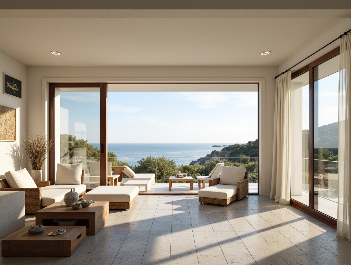 Prompt: Coastal cottage, large windows, sliding glass doors, ocean views, natural stone floors, whitewashed walls, light wood accents, minimalist decor, sheer curtains, reflective surfaces, beachy color palette, soft warm lighting, shallow depth of field, 1/1 composition, panoramic view, realistic textures, ambient occlusion.