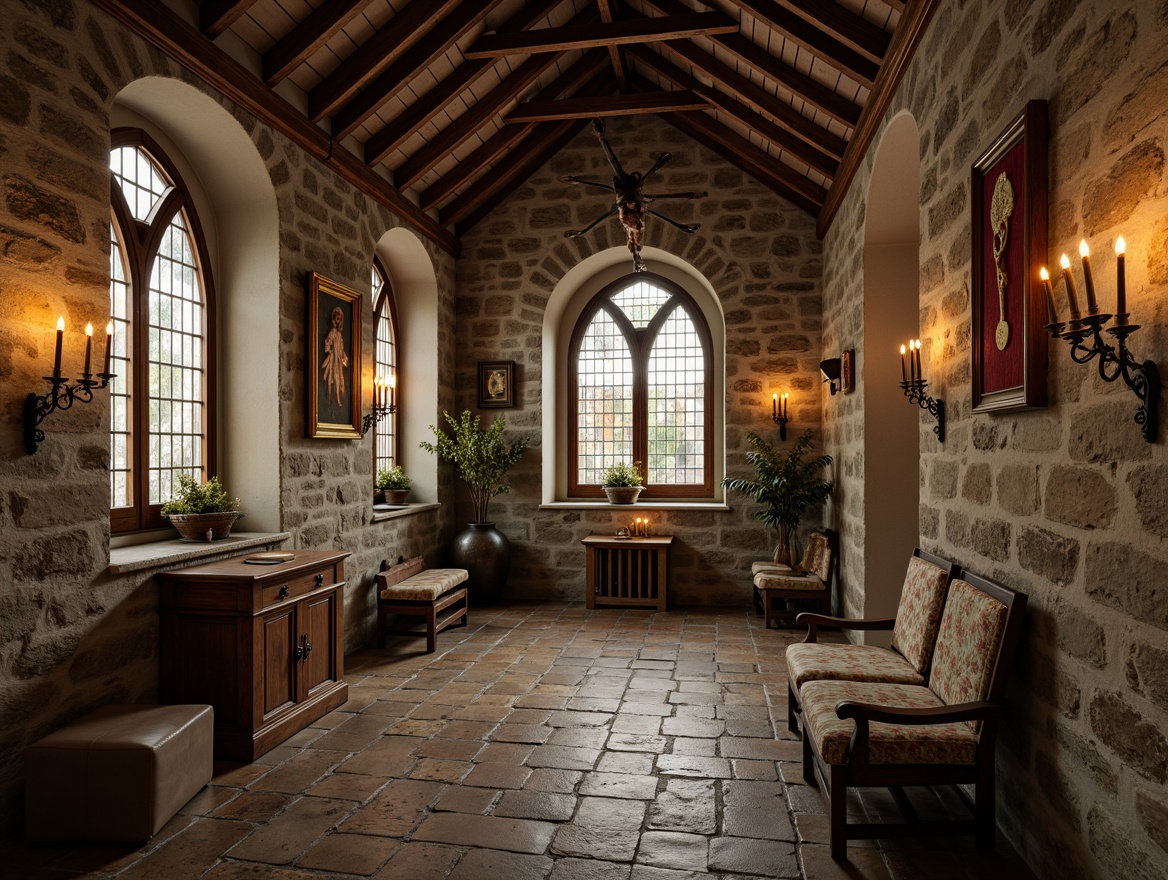 Prompt: Rustic monastery, stone walls, weathered textures, earthy tones, wooden beams, vaulted ceilings, stained glass windows, candlelit ambiance, cozy cloisters, worn flagstone floors, distressed wood furniture, faded tapestries, ornate crucifixes, soft warm lighting, shallow depth of field, 2/3 composition, intimate atmosphere, realistic wear and tear.