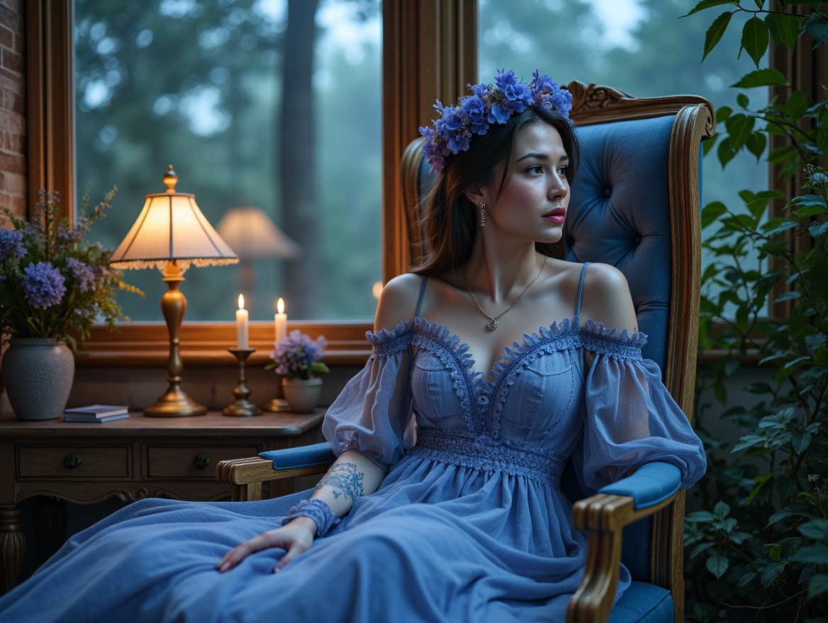 Prompt: Dreamy blue violet hues, soft pastel shades, whimsical floral patterns, delicate lace details, romantic vintage furniture, distressed wooden textures, ornate golden frames, luxurious velvet fabrics, mystical forest surroundings, misty morning atmosphere, warm candlelight glow, shallow depth of field, 1/2 composition, intimate portrait view, realistic skin tones, subtle ambient occlusion.