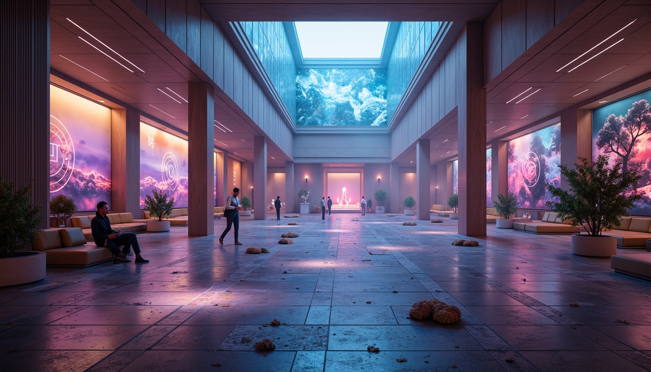 Prompt: Ethereal monastery courtyard, futuristic architecture, glowing neon accents, holographic murals, levitating walkways, iridescent stone flooring, minimalist decor, sacred geometric patterns, atmospheric misting system, soft pulsing lighting, shallow depth of field, 1/1 composition, cinematic perspective, realistic reflections, ambient occlusion, cyberpunk-inspired details, luminous orbs, virtual reality portals.